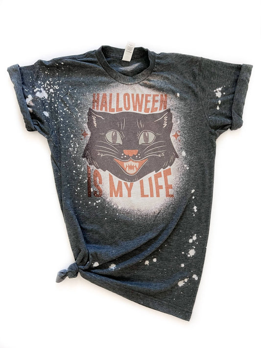 Halloween Is My Life Vintage Cat Halloween Bleached Tee - The Savidge